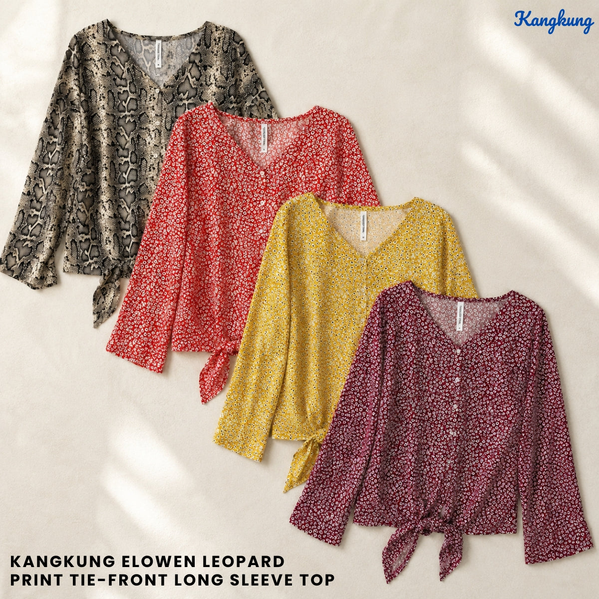 KANGKUNG ELOWEN LEOPARD PRINT TIE-FRONT LONG SLEEVE TOP - Q046
