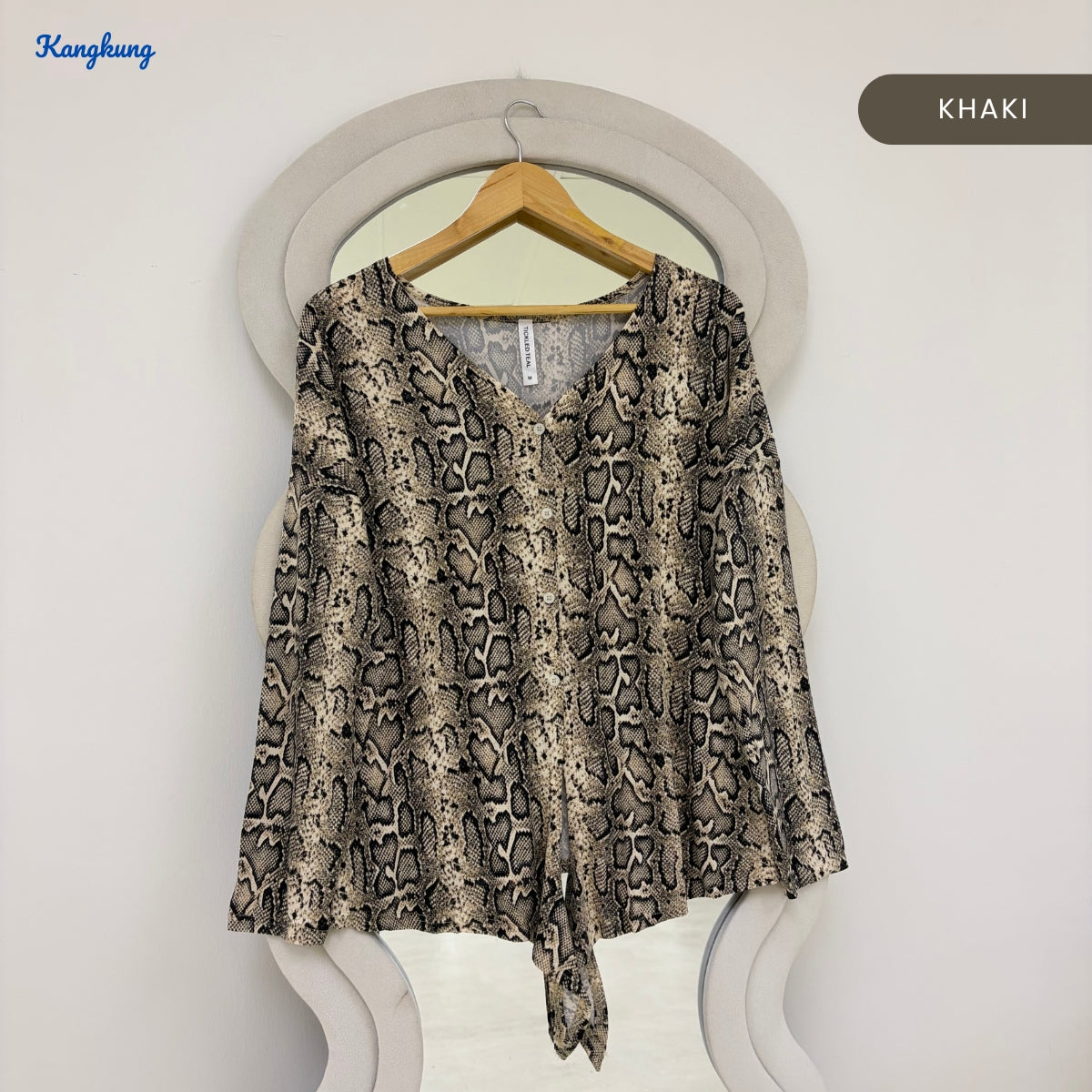 KANGKUNG ELOWEN LEOPARD PRINT TIE-FRONT LONG SLEEVE TOP - Q046