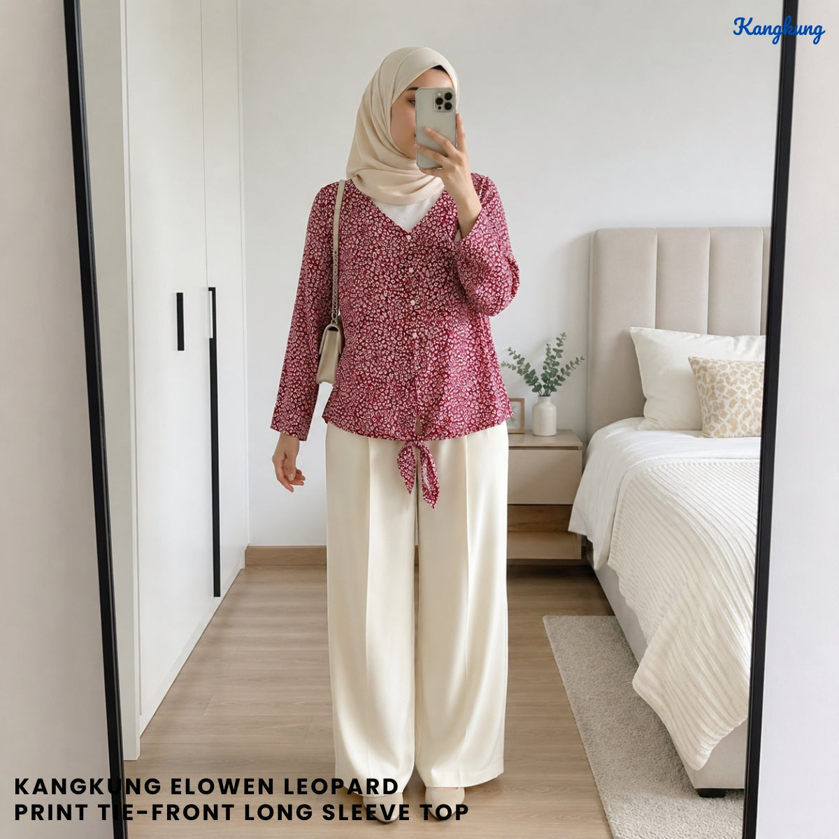 KANGKUNG ELOWEN LEOPARD PRINT TIE-FRONT LONG SLEEVE TOP - Q046