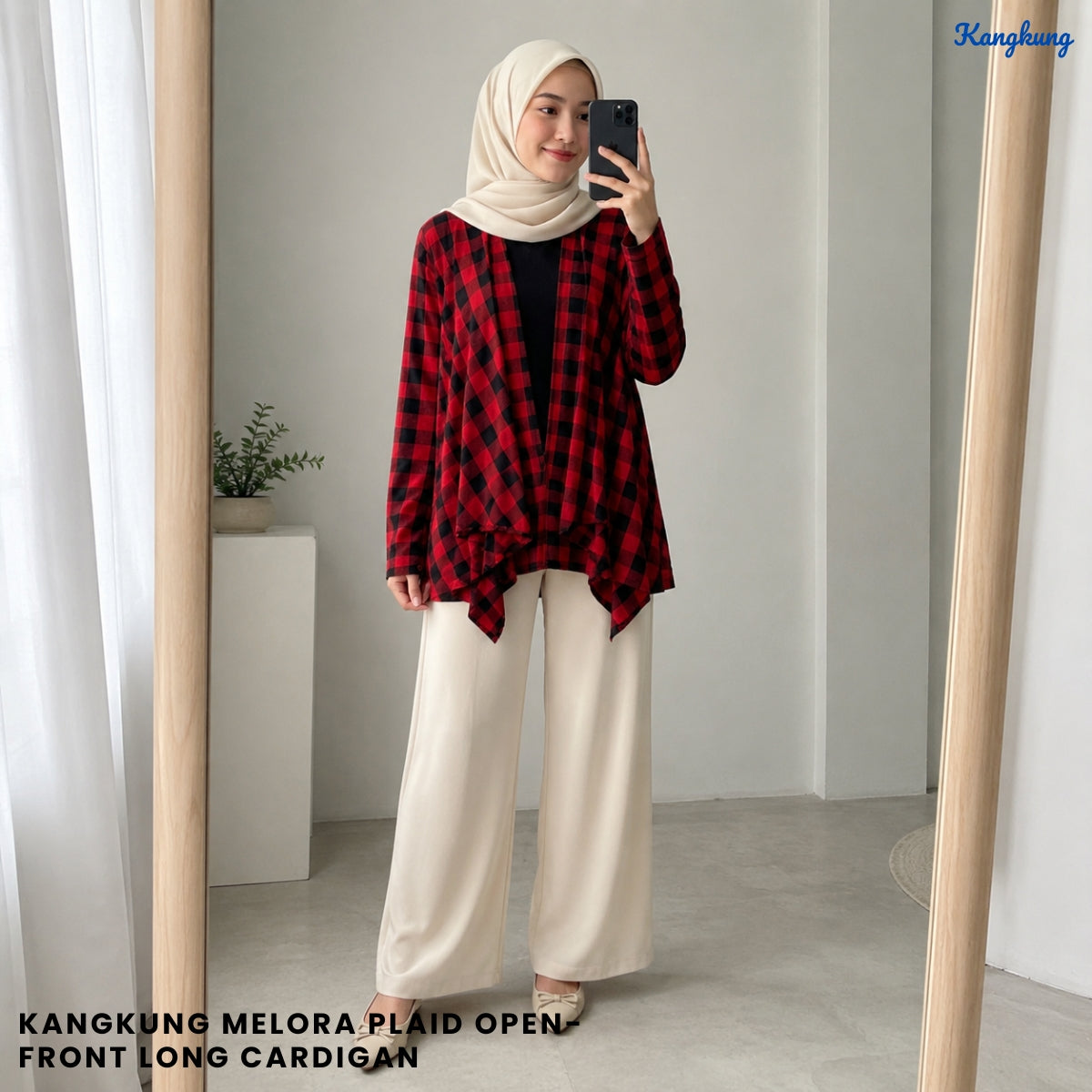 KANGKUNG MELORA PLAID OPEN-FRONT LONG CARDIGAN - Q052