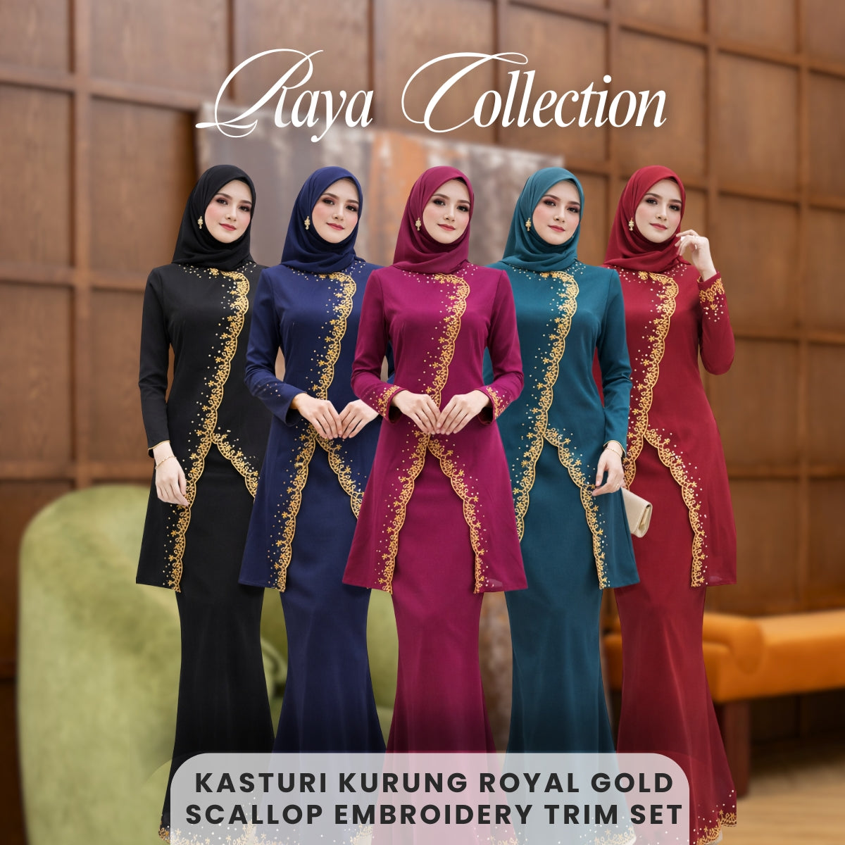 [JOM RAYA 2026] ZUCCA KASTURI KURUNG ROYAL GOLD SCALLOP EMBROIDERY TRIM SET - R021