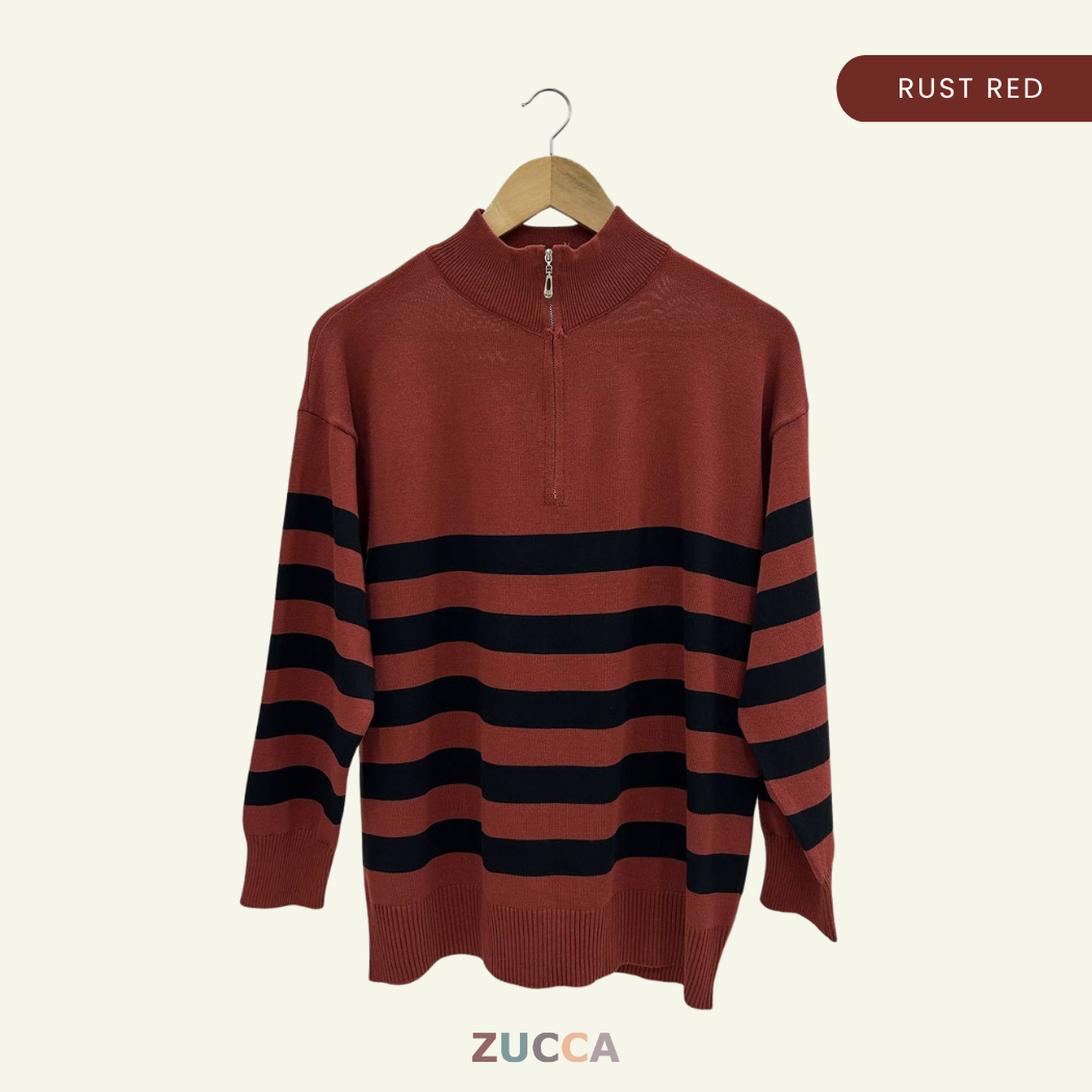 Ivana Striped High Neck Sweatshirt Half-Zipper - DM115