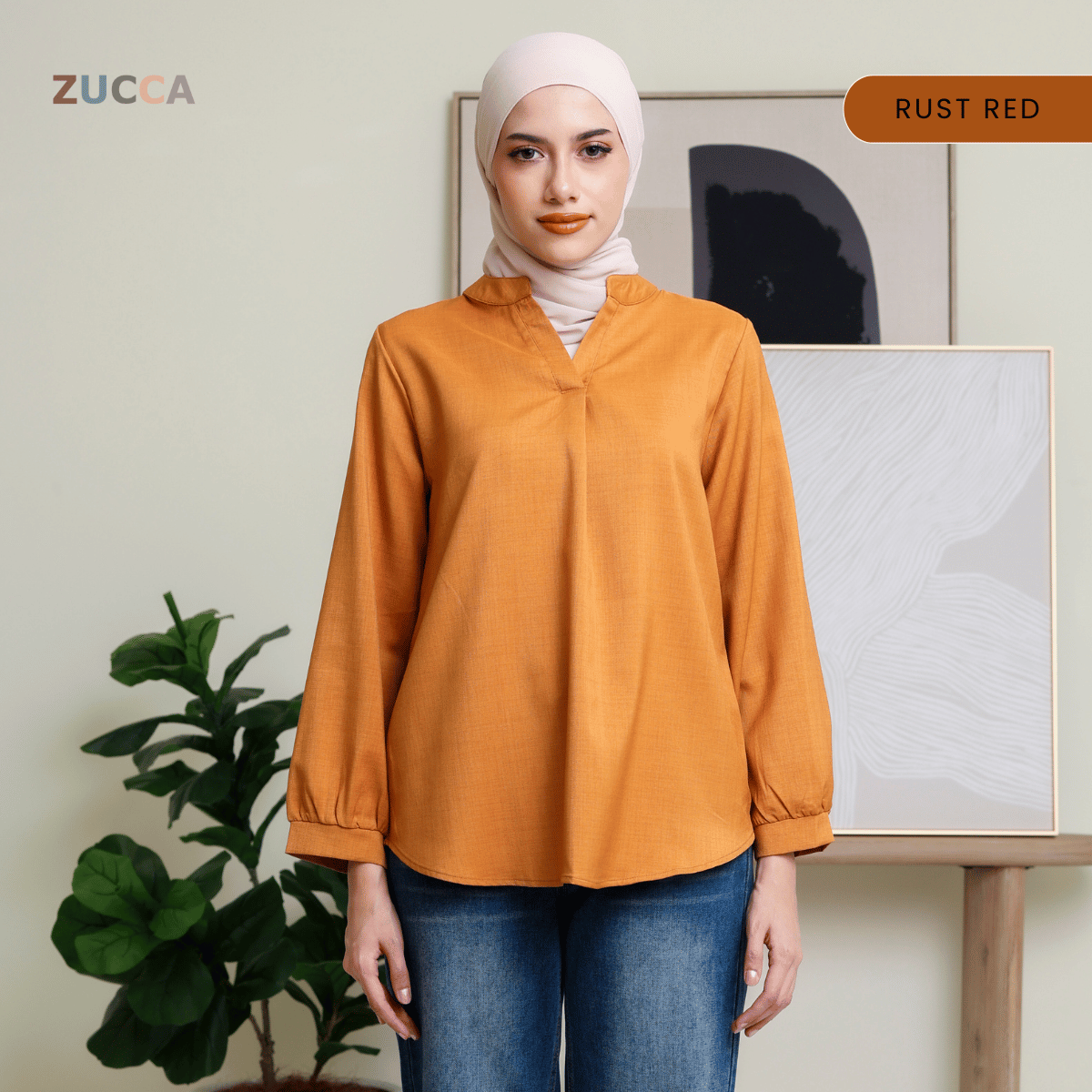 ZUCCA ANDRA KEMEJA KASUAL WANITA LEHER V TANPA CORAK - DM247