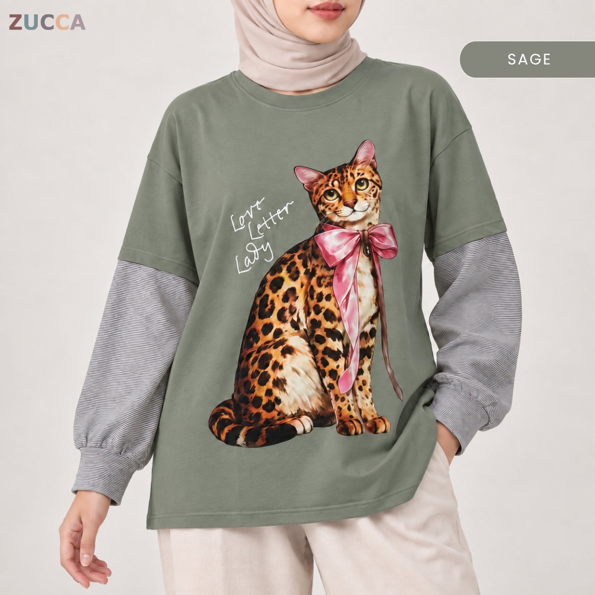 ZUCCA AULIA OVERSIZED LAYERED CAT GRAPHIC LONG SLEEVE TEE - MA255