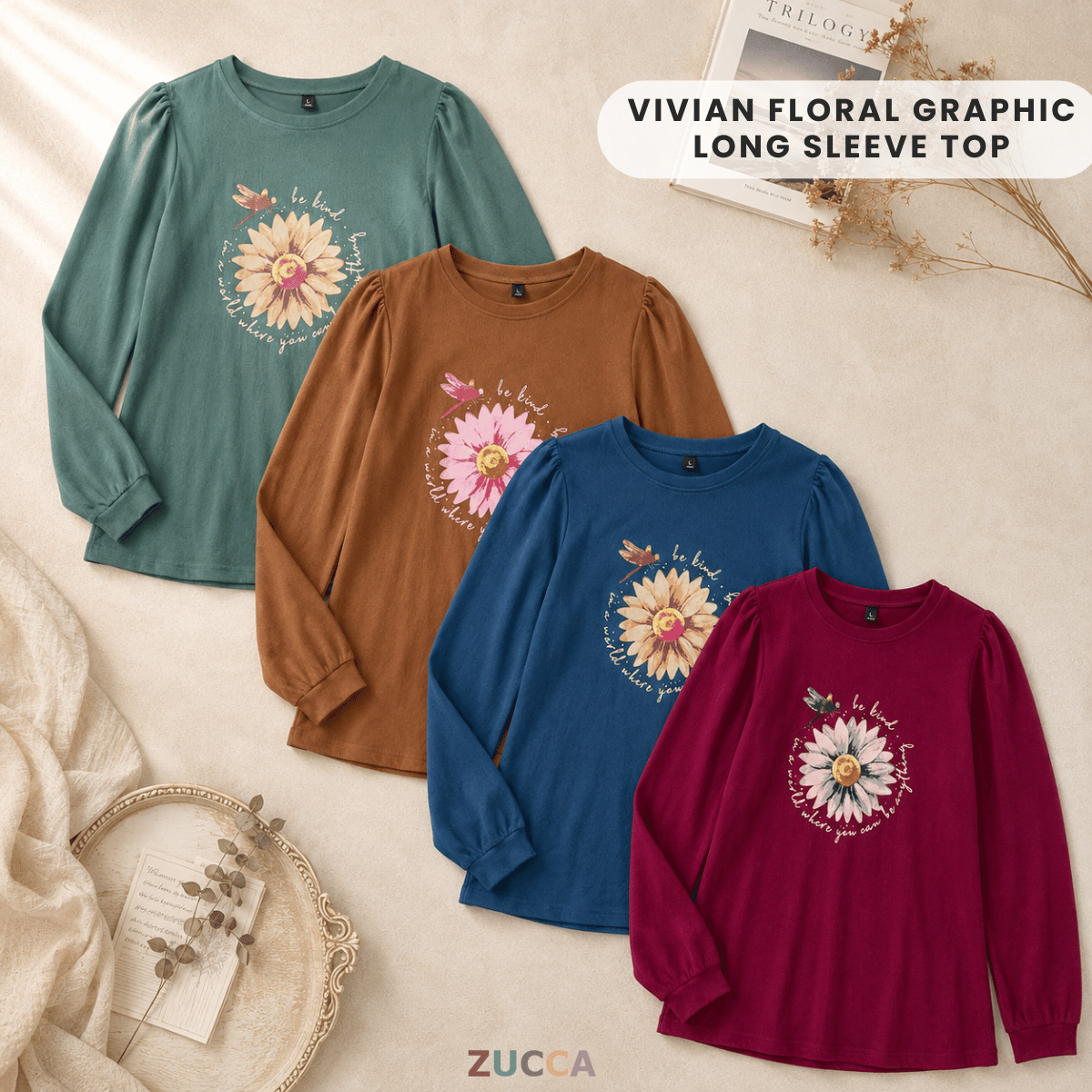 ZUCCA VIVIAN FLORAL GRAPHIC LONG SLEEVE TOP -ZW007(AA2033-A1)