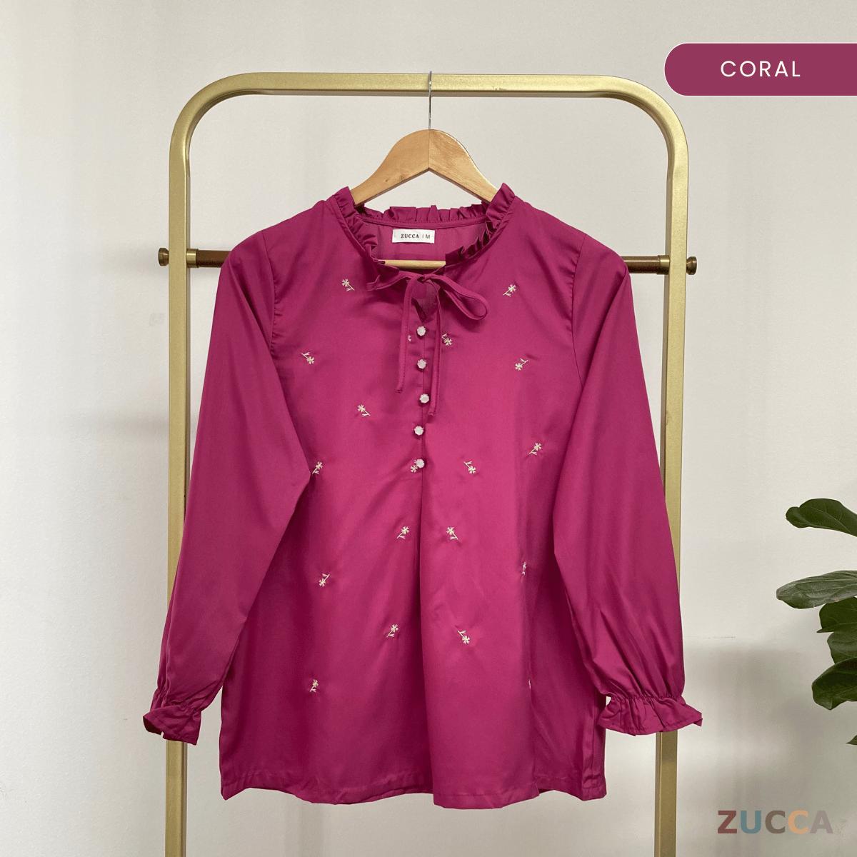 ZUCCA RAYLEE FLORAL EMBROIDERY RUFFLE TIE BLOUSE -MA074